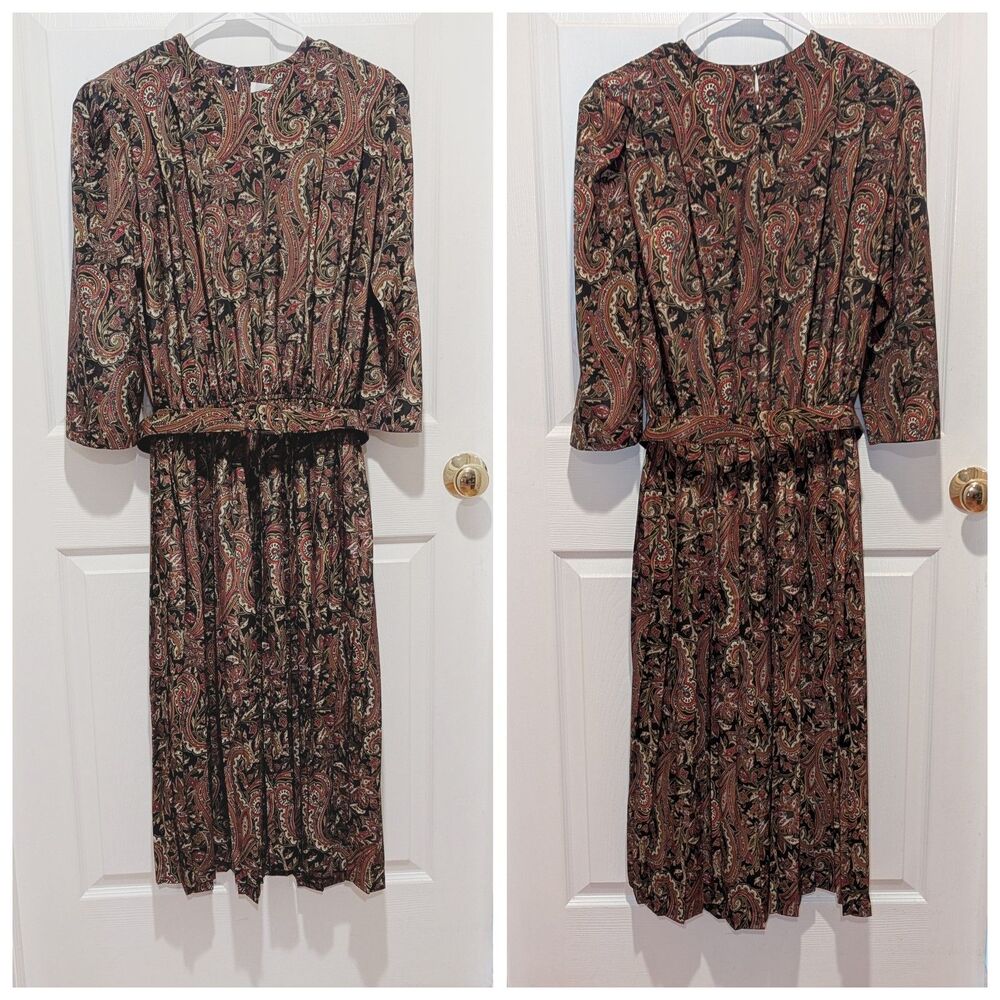 Vintage Liz‎ Roberts Sz 12 Paisley Belted Midi Dress Secretary 80s Career Office